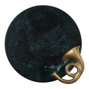 Vintage Green Marble Brass French Horn Cheese Plate Serving Tray
