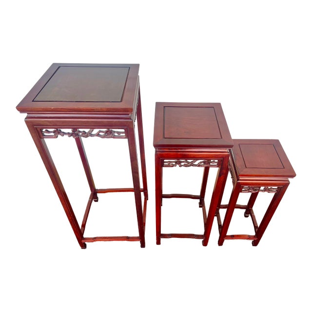 Vintage Handcarved Chinese Pedestal Table Plant Hongmu Stands -3pc For Sale