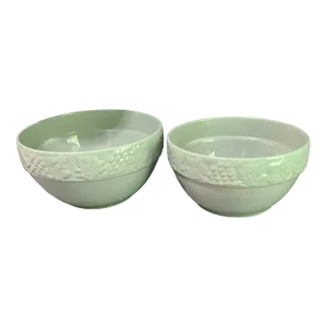 Pair of Late 20th Century Large Mixing Bowls Celadon Mint Green Pottery Portugal Grape Vine Detail