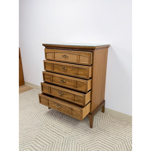 Dixie MCM Tallboy Dresser Woven Drawer Fronts Brass Pulls Vintage Furniture For Sale In Tampa - Image 6 of 11