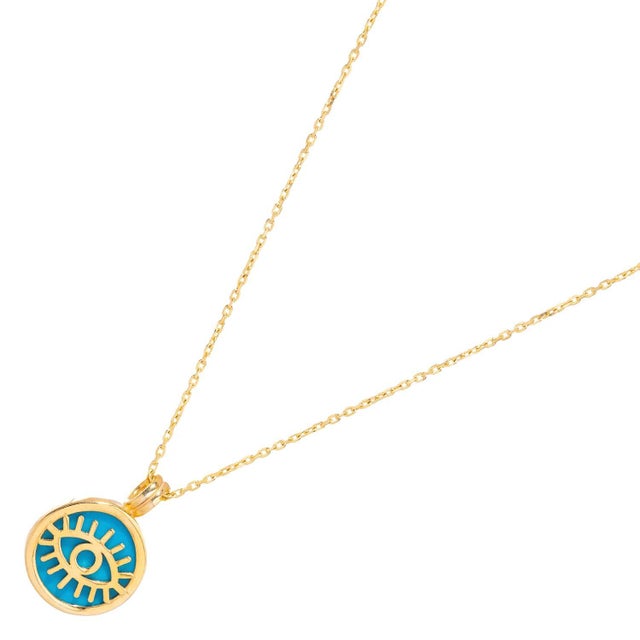 Early 21st Century Turquoise & Gold Round Evil Eye Pendant Talisman Necklace For Sale - Image 5 of 9