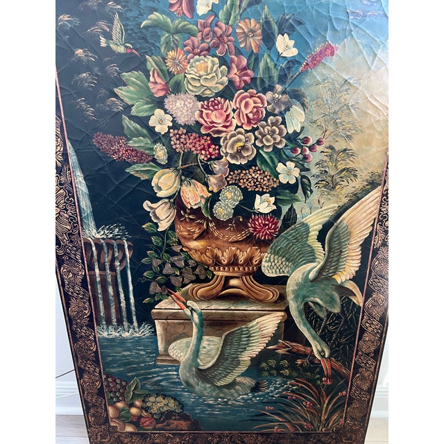 Wood Extra Large Castilian Imports Vintage Painting on Wood With Birds and Flowers (70 X 38 X 1.1 Inches) For Sale - Image 7 of 12