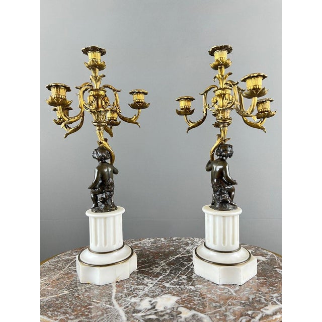 Gold Napoleon III Bronze and Marble Candelabra, Set of 2 For Sale - Image 8 of 13