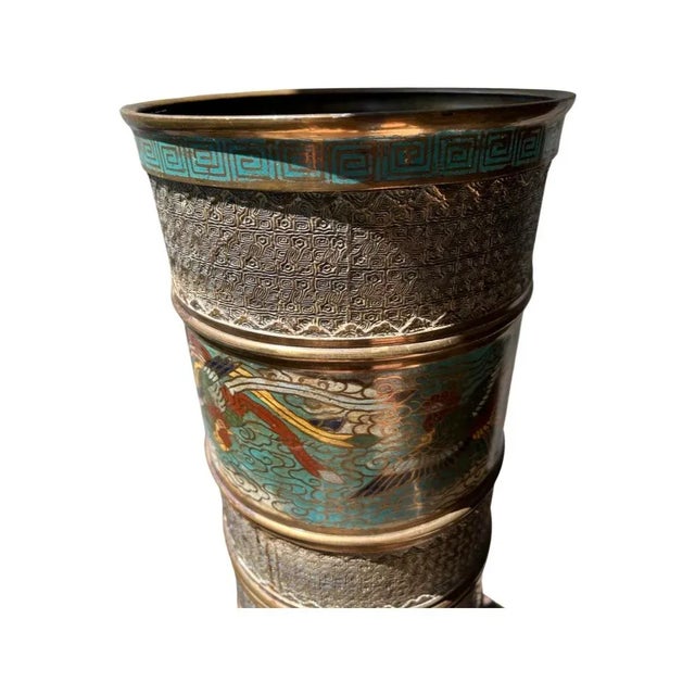 Metal Antique Chinese Bronze & Cloisonné Phoenix Umbrella Stand For Sale - Image 7 of 12