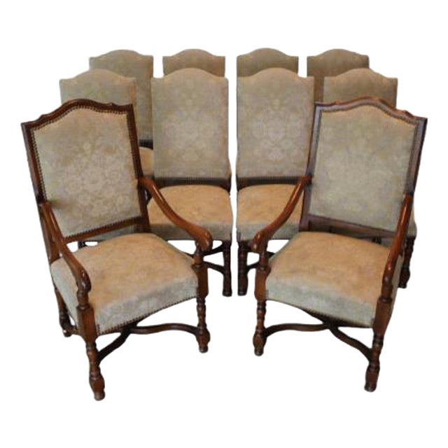 Vintage Provence Collection From Bussandri Arte Louis XIV Style Fabric & Leather Dining Chairs, Set of 10, C. 2003 For Sale