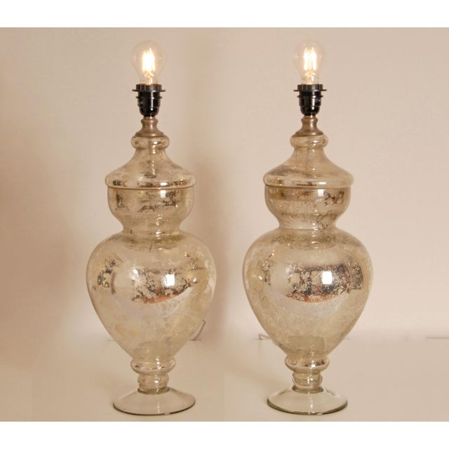 Vintage Silver Table Lamps Glass Baluster Vase Lamps Faux Mercury Modern Lamps - A Pair For Sale - Image 6 of 13