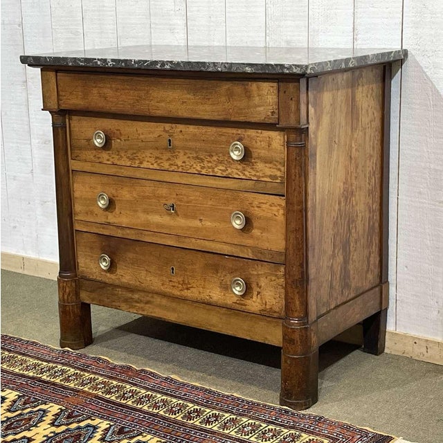Empire Chest of Drawers in Walnut with Grey St. Anne Marble Top, 19th Century, in Good conditions. Designed before 1890