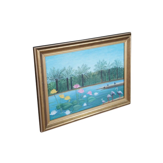 The Flamingoes is a painting by Henri Rousseau that was originally created in 1910. A tropical riverscape featuring...