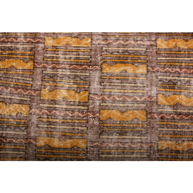 1960s Mid-Century Vintage Distressed Rug Beige Brown Gold Geometric Pattern For Sale - Image 4 of 6