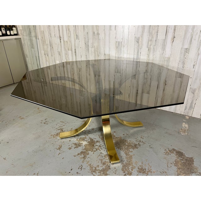 Modern 1980s Mastercraft Style Brass, Burl, & Smoked Glass Dining Table For Sale - Image 3 of 13