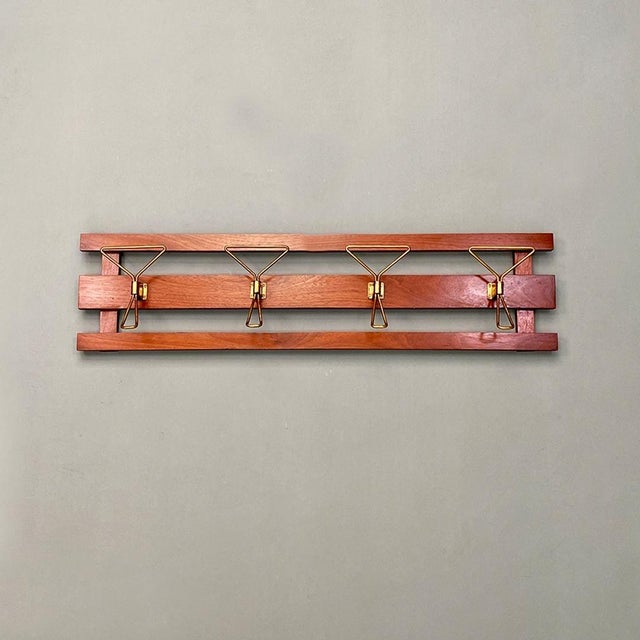 Mid-Century Italian Modern Wood and Brass Wall Coat Hanger, 1960s For Sale - Image 3 of 14