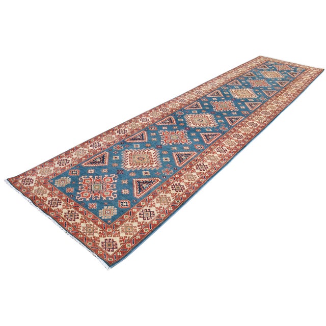 Rustic Bohemian Kazak Mervin Ivory/Red Wool Runner Rug - 4'0''x16'2'' For Sale - Image 3 of 10
