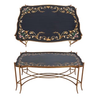 Regency Style Black & Gold Painted Iron Base Tray Table For Sale