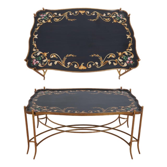 Regency Style Black & Gold Painted Iron Base Tray Table For Sale
