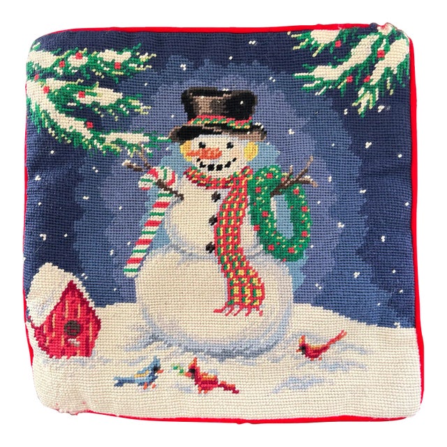 Vintage Snowman Needlepoint Pillow Cover For Sale