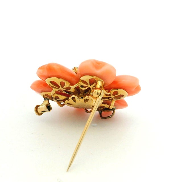 Metal Italian Carved Coral & Diamond 18k Gold Flower Brooch Pendant, Circa 1970 For Sale - Image 7 of 13