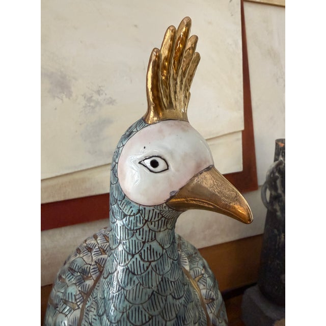 Celadon Pair of Oversized Vintage Asian Export Porcelain Peacock Figures Hand Painted Macau Large Ceramic Birds For Sale - Image 8 of 11