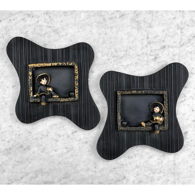 Mid-Century Asian Black Chalkware Amoebic Wall Hanging Sculptures - A Pair For Sale - Image 4 of 10