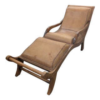 Chaise Longue in Wood and Leather, 1950s For Sale