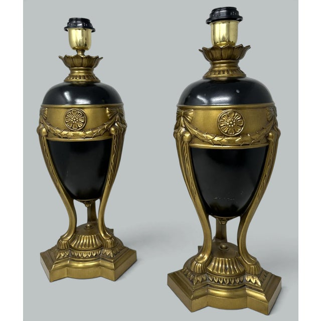 Stunning Pair Traditional Bulbous Form Art Deco Period Blue and Dark Gold Bronzed Porcelain and metal pair of electric...