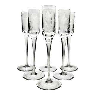 Mid 19th Century Antique Blown and Hand Cut Butterfly Cordial Glasses - Set of 6 For Sale