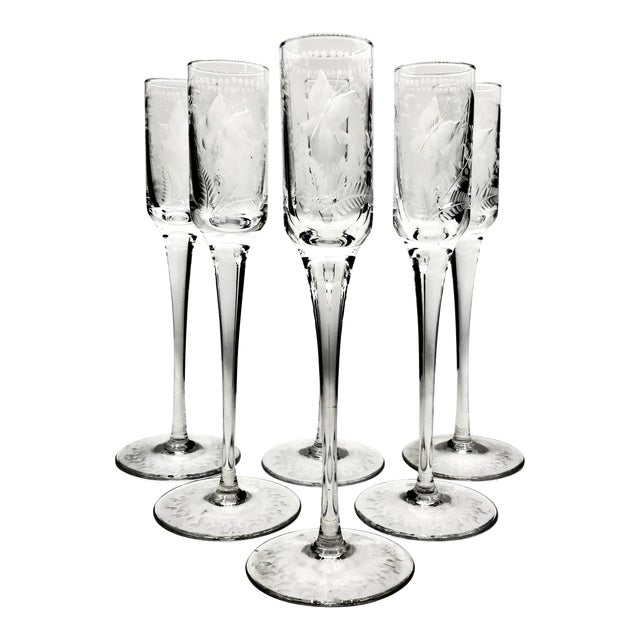 Mid 19th Century Antique Blown and Hand Cut Butterfly Cordial Glasses - Set of 6 For Sale