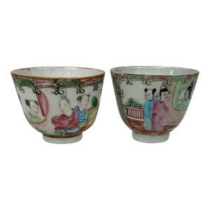 Antique Chinese Export Famille Rose Medallion Porcelain Cups , Near Pair