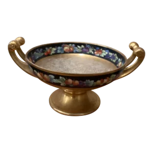 Antique Porcelain Hutschenreuther Selb Fruits Bowl With Handles and Pedestal 24k Gold Encrusted