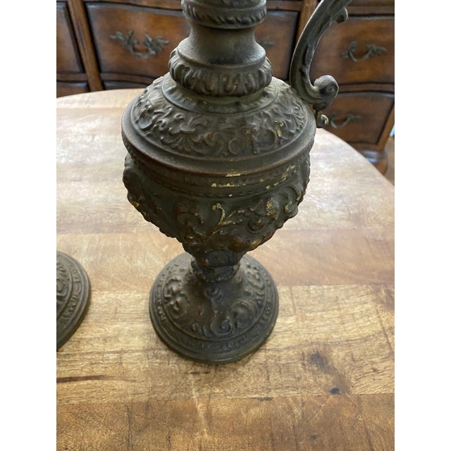 Antique Guilded Cast Brass or Bronze Ornate Renaissance Ewers / Pitchers- a Pair For Sale - Image 4 of 12
