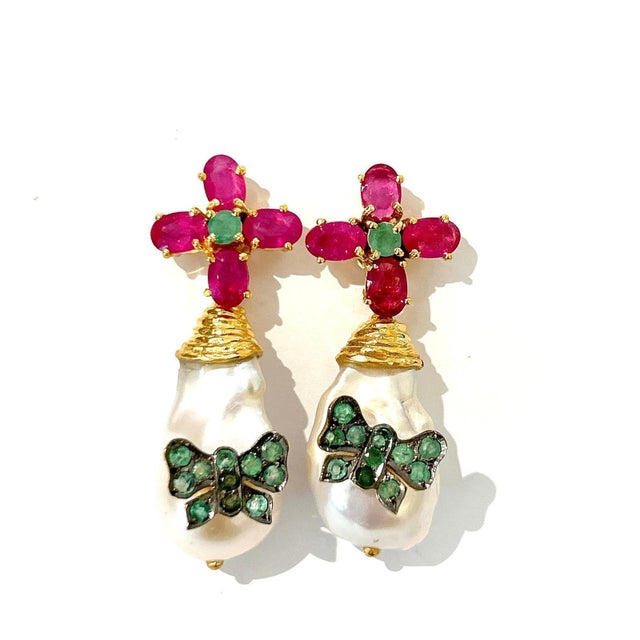 Bochic “Orient” Ruby, Emerald & South Sea Pearls Earrings In 18K Gold & Silver Natural Red Rubies - 4 carat Natural Green...
