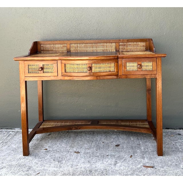 Late 20th Century Vintage Woven Rattan and Teak Desk For Sale - Image 5 of 12