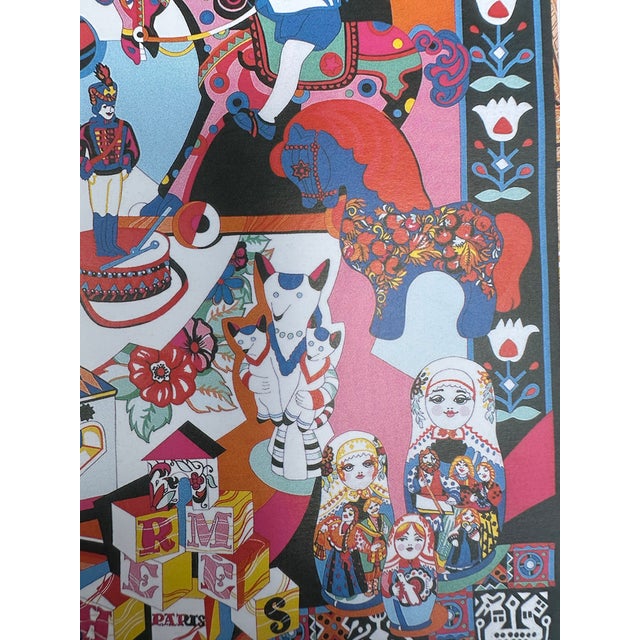 2000 - 2009 Vintage Framed Authentic Original Hermès Art Advertisement Lithograph Featuring Hermès Zabavushka Scarf For Sale - Image 5 of 8