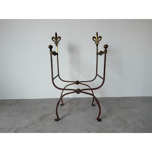 Vintage Italian Wrought Iron Savonarola Chair With Brass Fleur-De-Lis Finials For Sale - Image 4 of 12