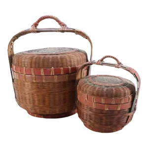 Early 1900s Pair of Double Happiness Antique Asian Chinese Lidded Wicker Wedding Baskets With Blue and Red Accents