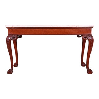 Baker Furniture Historic Charleston Chippendale Mahogany and Burl Wood Marble Top Console Table For Sale
