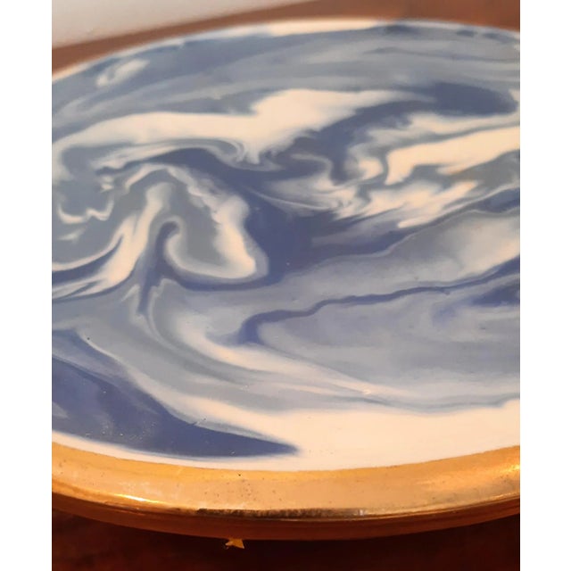 Late 20th Century Vintage Blue White Swirl Pottery Gold Rim Trivet For Sale - Image 5 of 8
