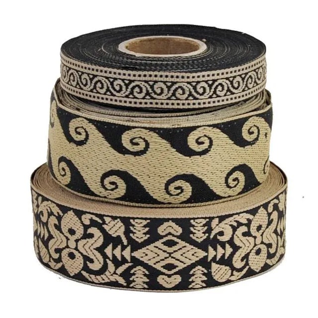 Black 3 Vintage Rolls of Fingerinspire Embroidered Ribbon Trim For Sale - Image 8 of 8