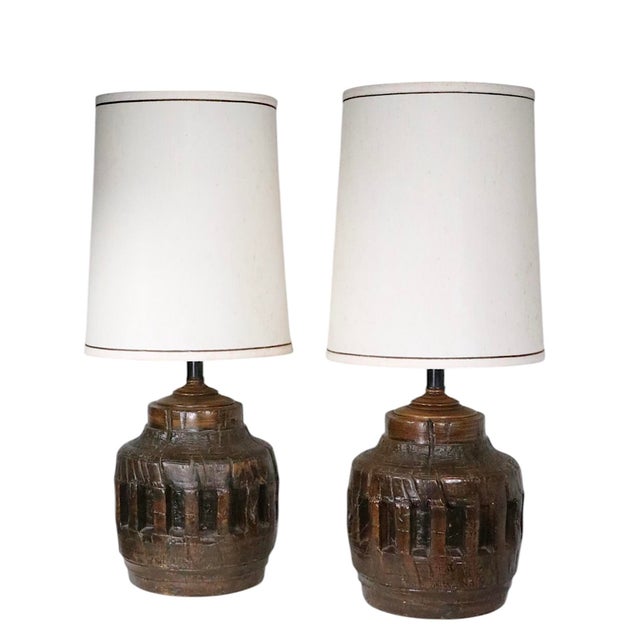 Brown Pr. Rustic Brutalist School Wagon Wheel Table Lamps Circa 1970’s For Sale - Image 8 of 17