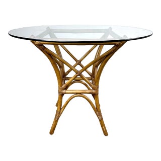 Vintage McGuire Style Leather Wrapped Bamboo Glass Top Round Dining Table For Sale
