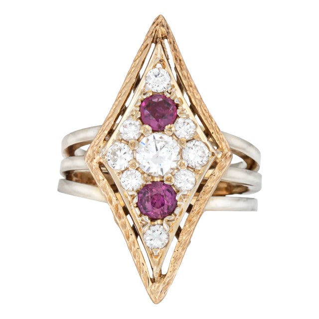1980s Vintage Rhombus Ring Diamond Ruby 14k Yellow Gold Cocktail Jewelry Size 5 For Sale