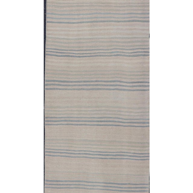 Tribal Striped Turkish Vintage Kilim Runner in Ivory and Soft Blue Tones For Sale - Image 3 of 11