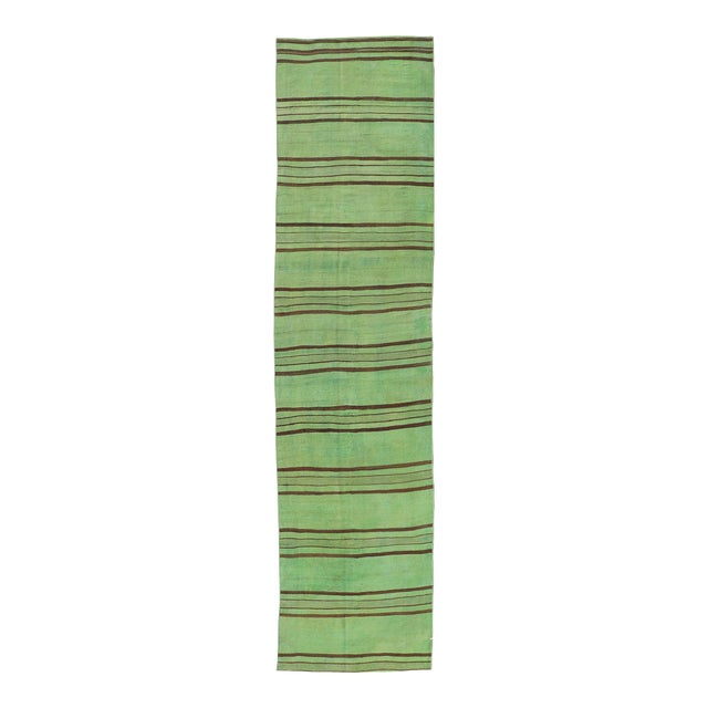 Vibrant Vintage Turkish Kilim Runner With Green and Brown Stripes 2'9 X 12'1 For Sale