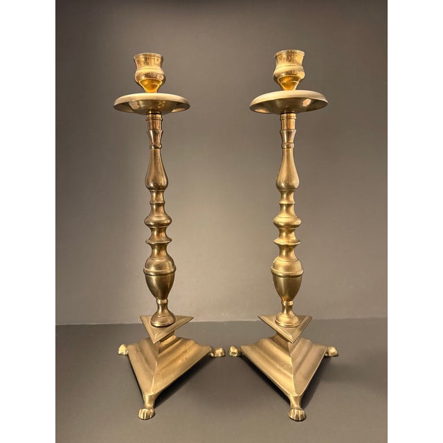 Mid-Century Modern Pair of Brass Mid Century Candlesticks With Triangular Base For Sale - Image 3 of 7