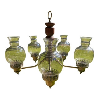 1960s Mid-Century Modern Wood & Brass Six Light Chandelier W Smoked Glass Globes For Sale
