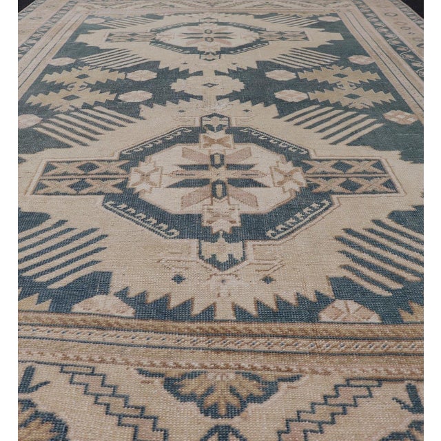 Cerulean Blue Oushak Rug With Geometric Medallion Design 5' 5" X 8' 10" For Sale - Image 8 of 14