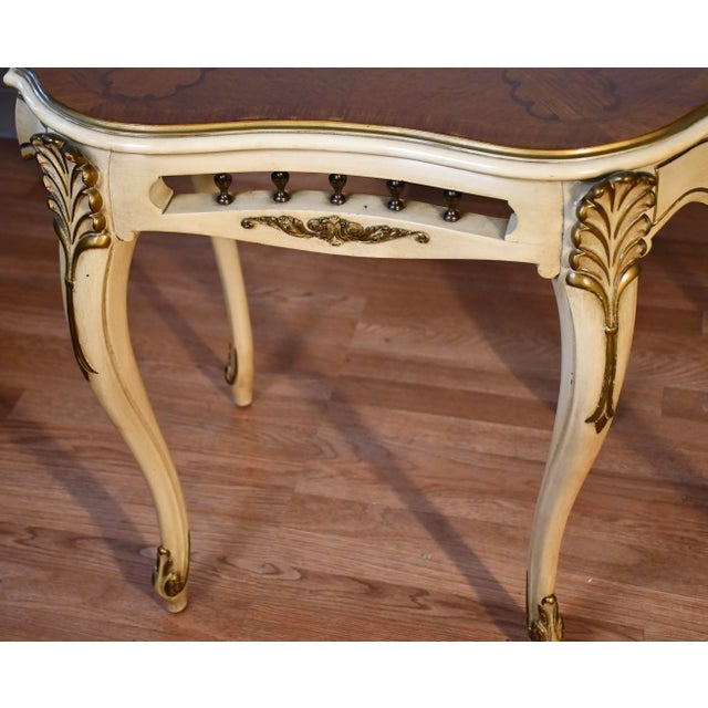 1930 French Hand Painted Solid Mahogany & Satinwood Inlay Pair Side End Tables For Sale - Image 6 of 13