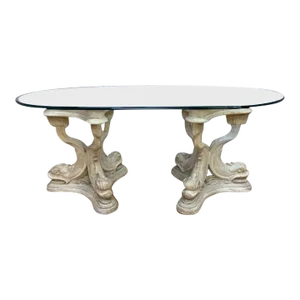 Hollywood Regency Asian Koi Dragon Fish Glass Top Console Table