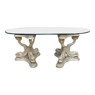 Vintage Neoclassical Faux-Stone Dolphin Pedestal Table With Glass Top For Sale