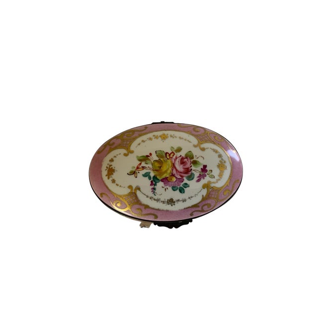 Ceramic Vintage French Large Porcelain Hinged Trinket Box Pink Gilt Floral Vanity Dish Exclusively for Paris Decorators France 1930s-1950s For Sale - Image 7 of 8