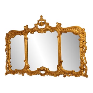 Gold Finish Chippendale Style Horizontal 3 Panel Mirror For Sale